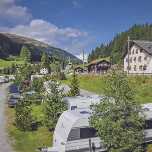 Green camping site with trees | © Davos Klosters Mountains