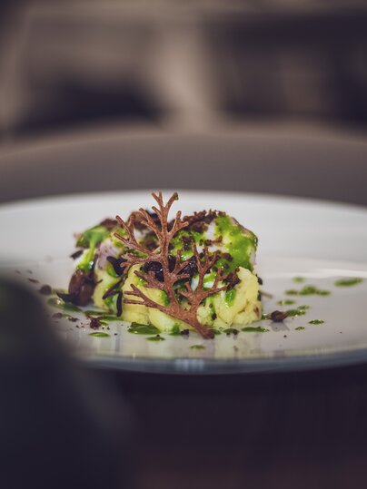 Der Oktopus-Salat des Bistro National liegt schön angerichtet auf dem Teller und sind köstlich aus. | © Davos Klosters Mountains