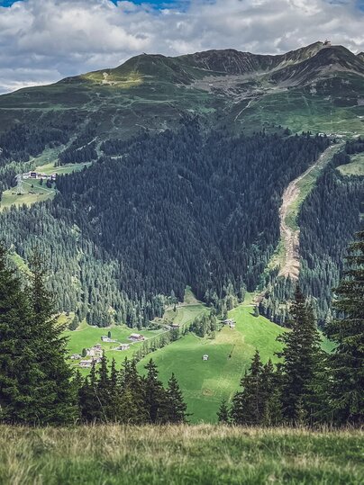 Blick von der gegenüberliegenden Seite auf die neue Talabfahrt des Skigebiets Jakobshorn im Sommer. | © Davos Klosters Mountains