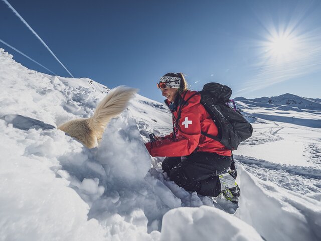 Lawinenhündin Emma hat die Person im Schnee aufgespürt und gräbt sich zu ihr vor. | © Davos Klosters Mountains