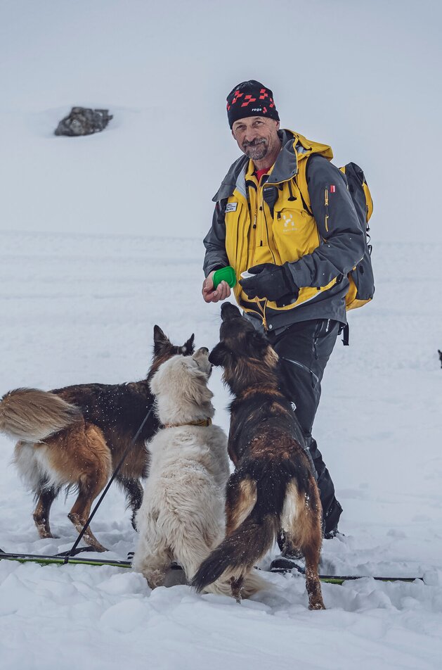 Drei Lawinenhunde stehen um Pisten- und Rettungschef Nigg Conrad und warten auf eine Belohnung.  | © Davos Klosters Mountains