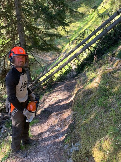 Zwei Tannen sind über den Weg gekippt, ein Arbeiter der Trail Crew Davos steht mit der Motorsage bereit.  | © Davos Klosters Mountains
