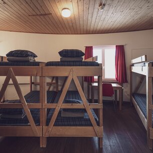 Mehrbettzimmer mit Doppelstockbetten Schreibtisch und Stühlen | © Davos Klosters Mountains 